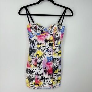 Dolls Kill DC Print Funky Graffiti Corset Spaghetti Strap Mini Dress